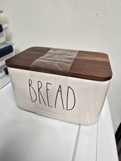 New Rae Dunn Ceramic Bread Box With Wooden Lid 10" W x 6" H FIRM PRICE