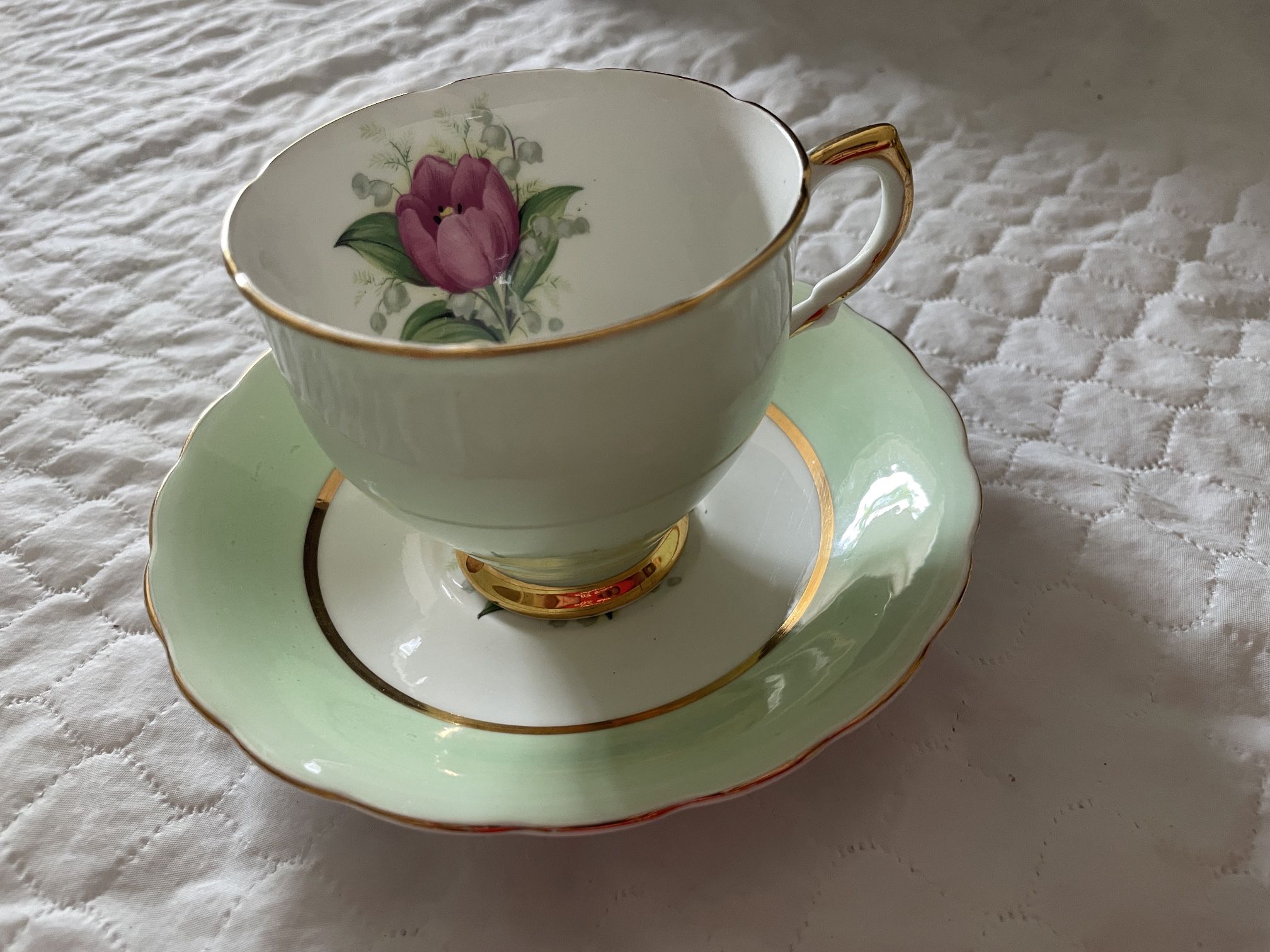 Royal Ardalt bone china Tea Cup & Saucer- Mint Green With Pink Flower Gold Trim