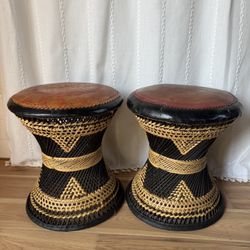 Pair Of Vintage Anglo Indian Leather And Wicker Pouf Stools 