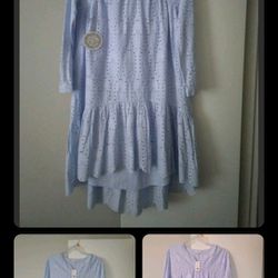 Crown & Ivy Womens Blue  Cotton Embroidered Eyelet Lace Shift Dress Large
