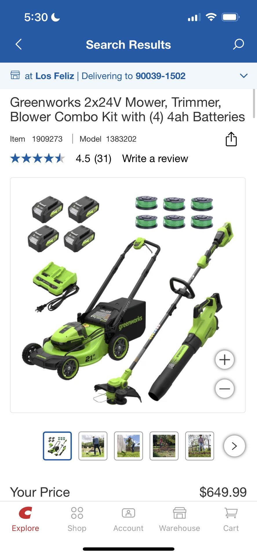 Greenworks 2x24V Mower, Trimmer, Blower Combo Kit with (4) 4ah Batteries