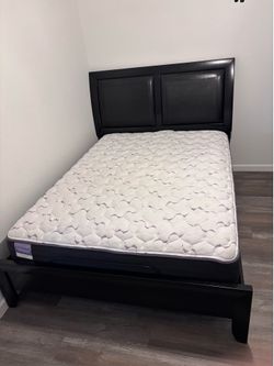 Queen bed frame with adjustable base and mattress