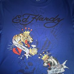 Ed hardy crowned tiger T Shirt Royal Blue Size L Rare