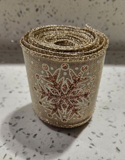Christmas Wired Ribbon Snowflake Patterns Decorations, Swirl Sheer Glitter Ribbon 2.35" Width x 5 Yard Roll, Brown Bronze Beige Copper Gold