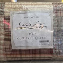 Queen Brown Real Patchwork Cotton Reversible Quilt Bedding Set