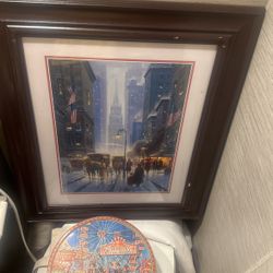 Antique Painting new York City Christmas Piece Rare Framed 