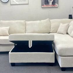 New Corduroy Sectional With Storage Ottoman.  Beige.  106x76x35H.  Free Delivery!