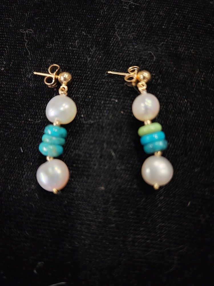 14K yellow gold pearl turquoise drop earrings (#162)