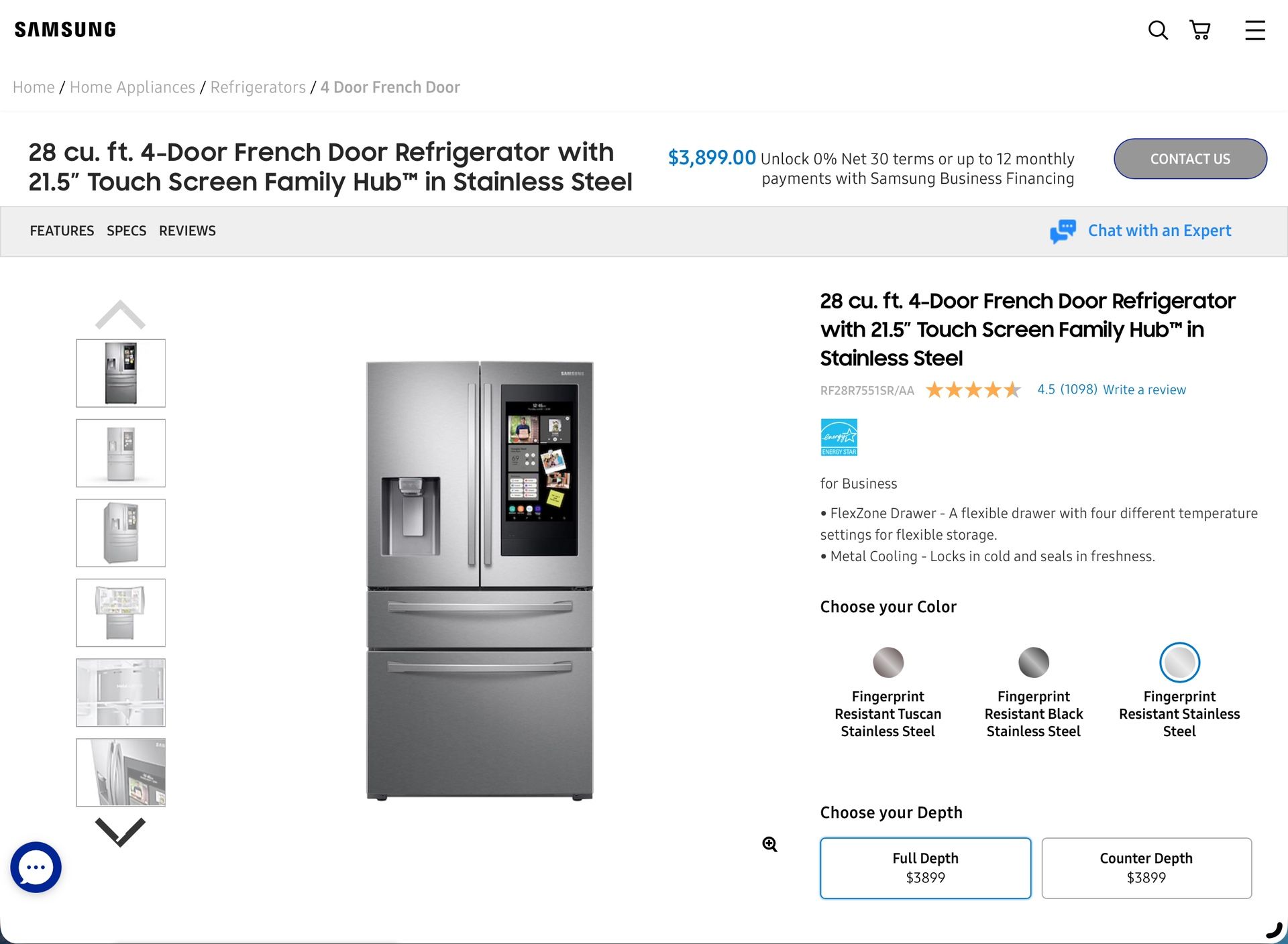 28 cu. ft. 4-Door French Door Samsung Refrigerator with 21.5” Touch Screen Family Hub™ in Stainless Steel