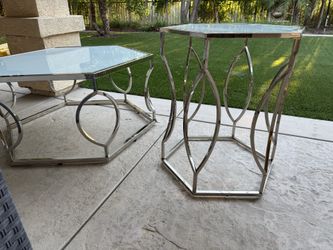 Set of coffee table and end table, metallic and tempered glass