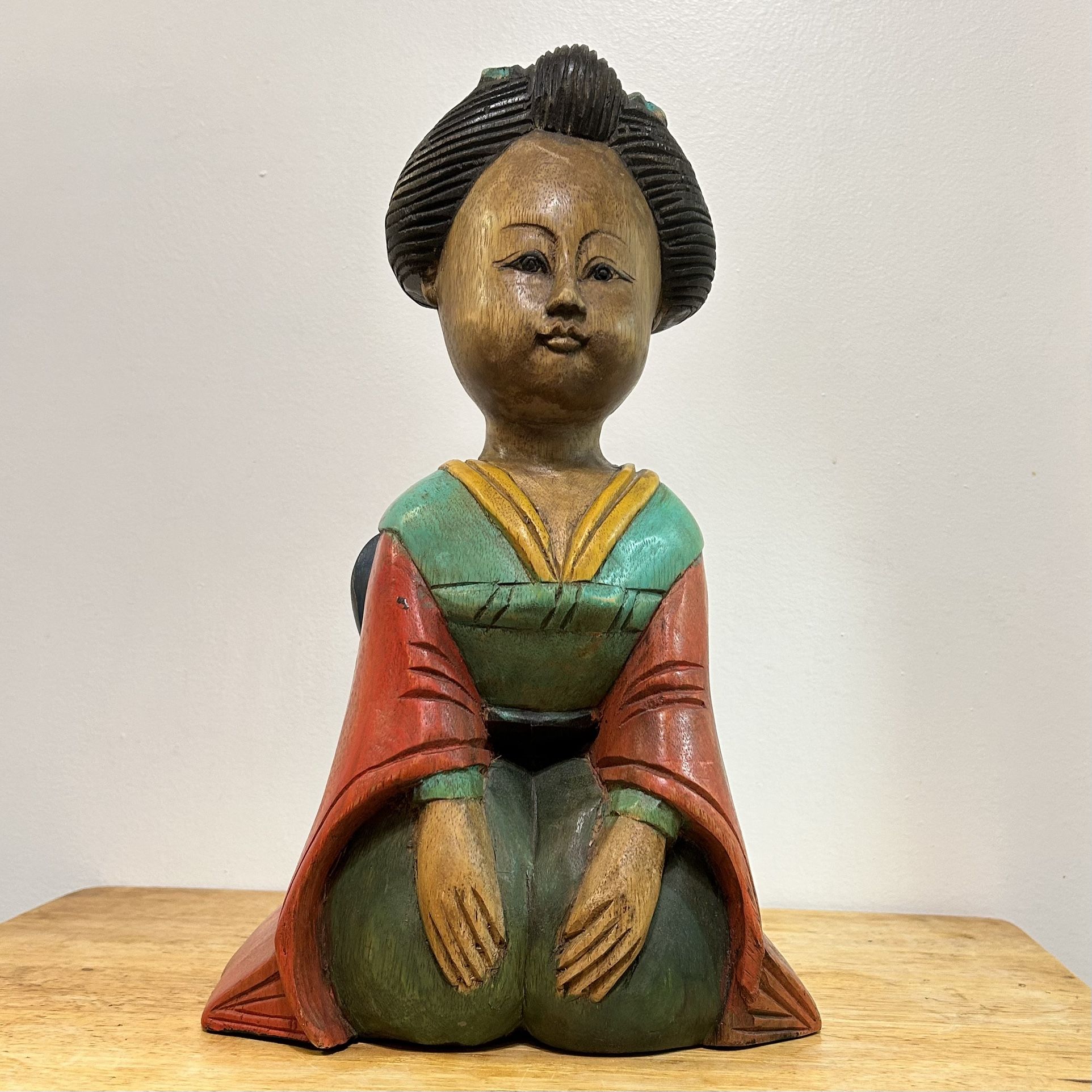 Vintage wood statue good luck, meditating Asian