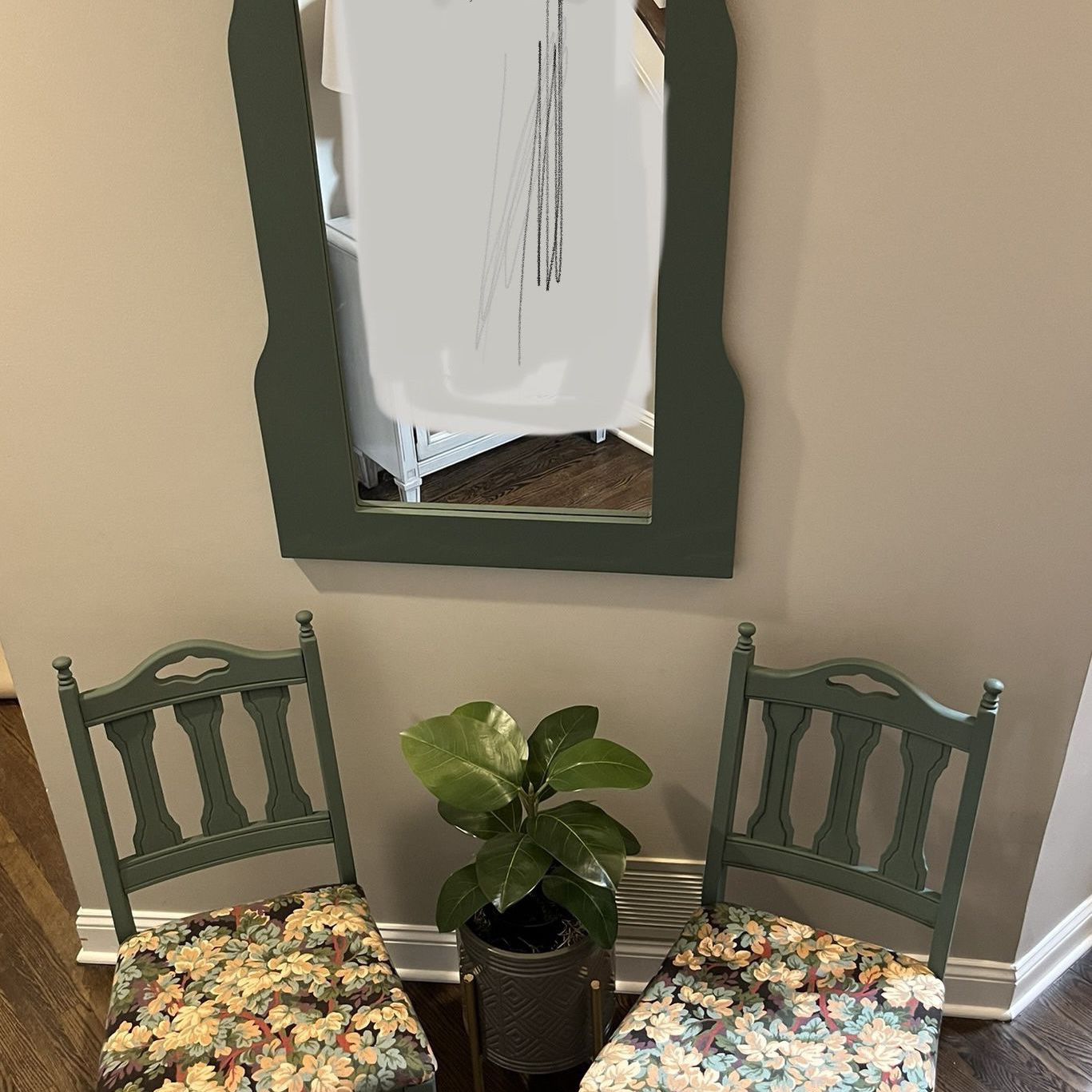 Pair of newly refurbished accent chairs and coordinating mirror 