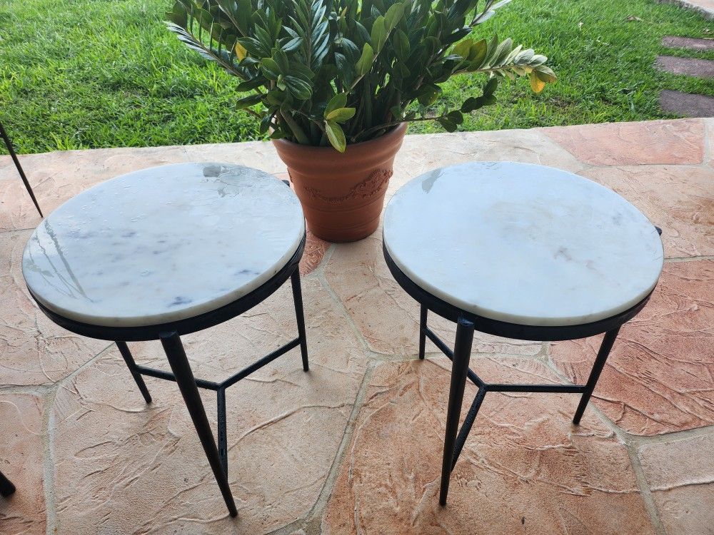 2 Round Marbled Iron End Tables