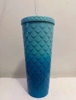 Blue Geometric Plastic Tumbler w/ Lid & Straw, Textured Drinking Glass