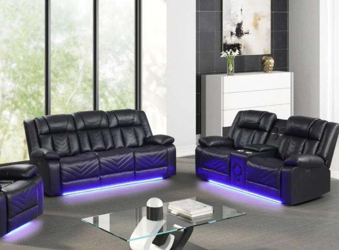 2PC Black Power Recliner Sofa Set w/ LED Lights