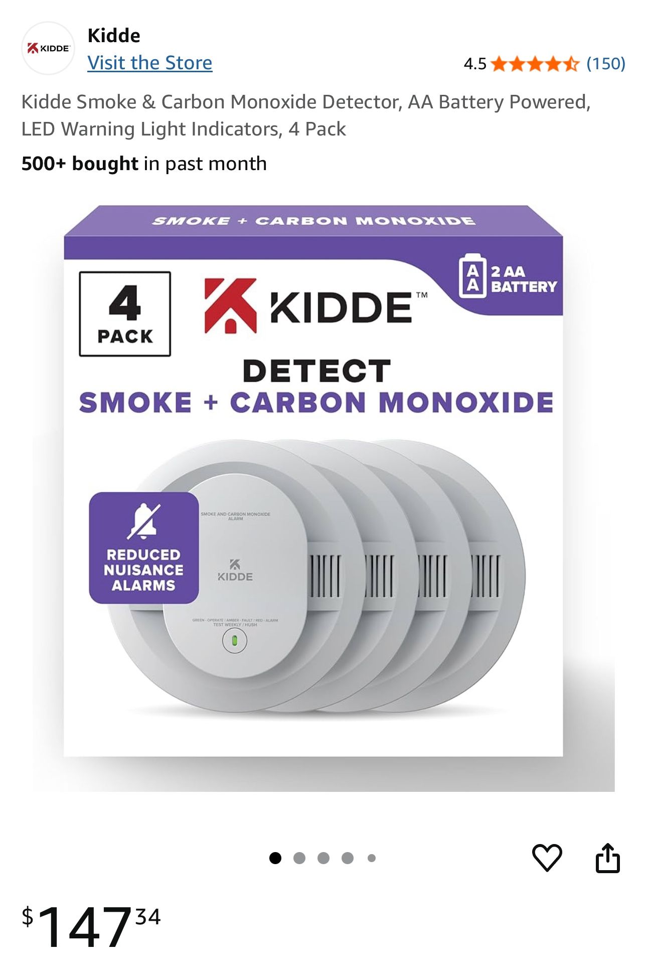 4 Kidde Smoke & Carbon Monoxide Detector, AA Battery Powered, LED Warning Light