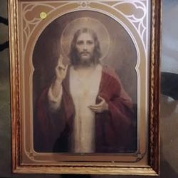 ANTIQUE 1939 Sacred Heart of Jesus Framed Print - Consecrated Family Heirloom