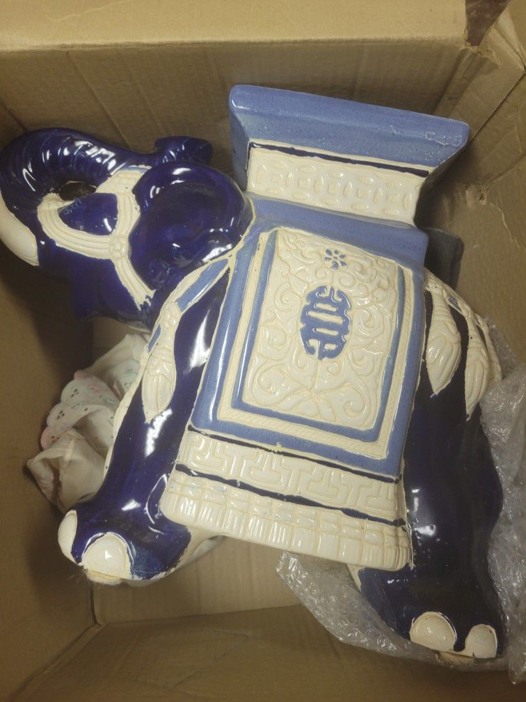 Navy, Blue And Cream Ceramic Elephant Plant Stand