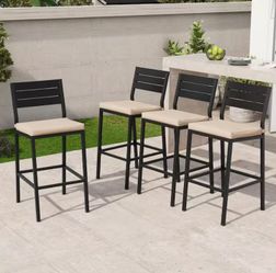 4-Piece Metal Patio Outdoor Bar Stool with Cushion in Beige