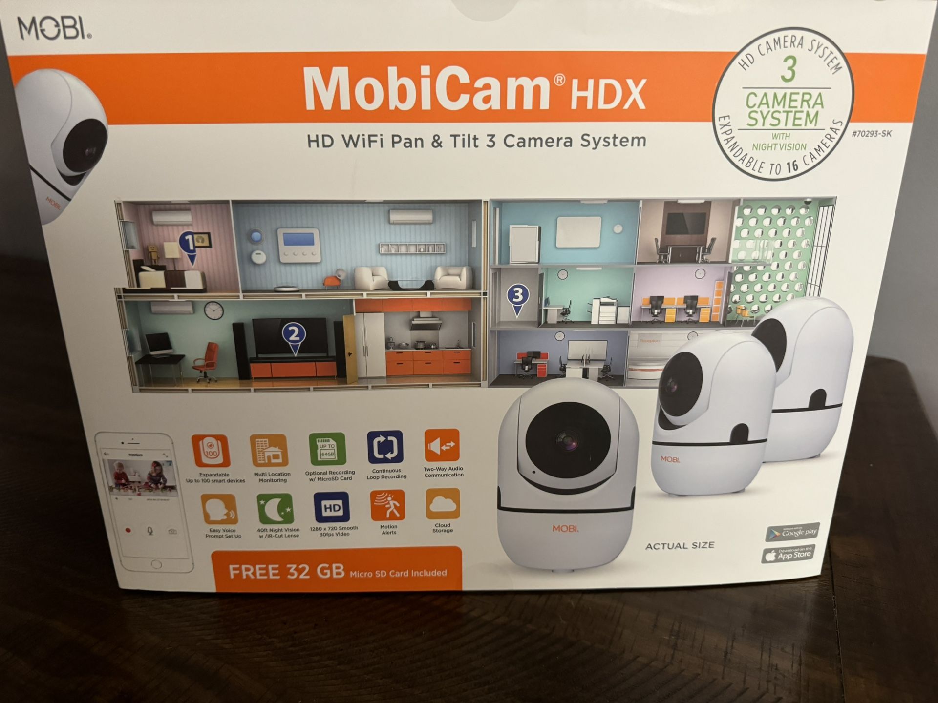 Mobicam HDX HD Wifi Pan & Tilt 3 Camera System Mobi 32GB Card Security C2