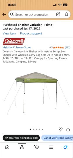 Coleman Instant Canopy Sun Shelter
