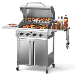 Electactic Propane Gas Grill 4 Burners, 32000 BTU Outdoor Barbecue Grill with Stainless Steel Body & Heavy-Duty 304 Grill Grates, Foldable Side Shelve