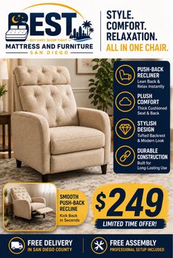 Luxury Push-Back Recliner Chair – Tufted Beige – Brand New – $249