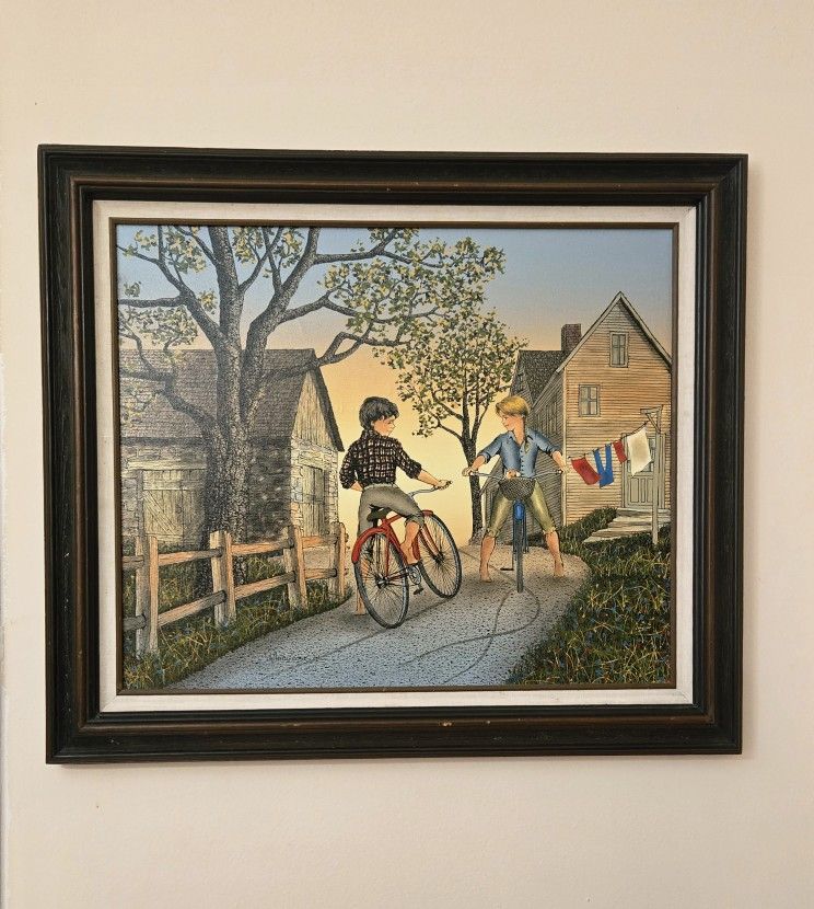 H Hargrove Serigraph Puppy Love Kids On Bikes Signed Framed/Matte 26x30
