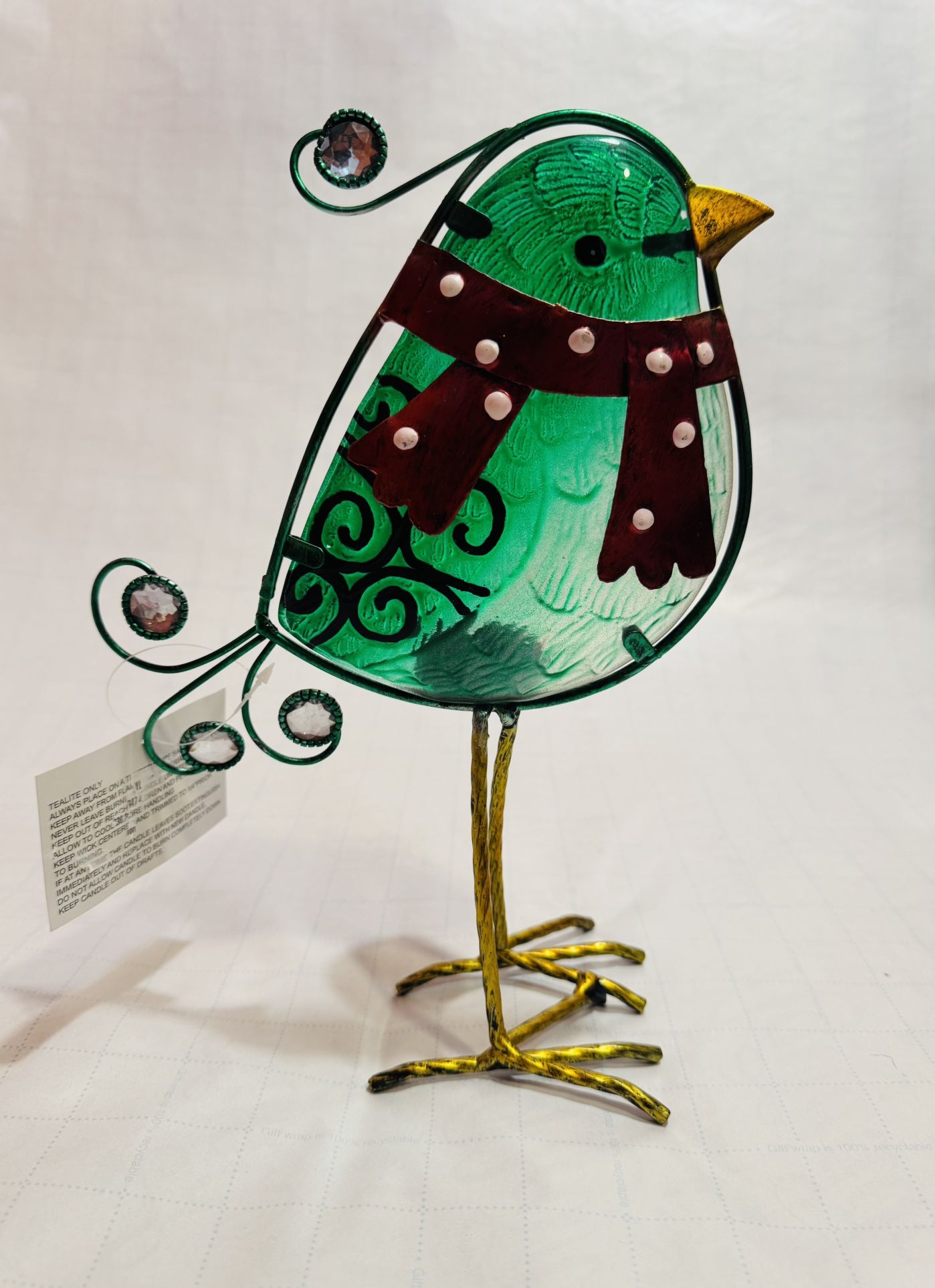 Glass Bird w metal legs Green Garden Sculpture home decor 11” tall
