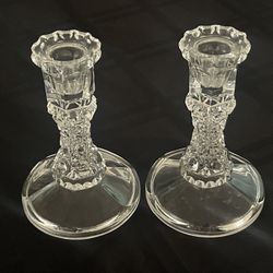 2 Vintage Cut Glass Saw Tooth Rim Round Beveled Base Candlestick Holders 6.5” Tall Each