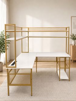 L-Shaped Desk with Shelves & Power Outlets – $79.99