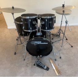 In Upland 91784. Complete 5 piece drum set Groove Percussion new quiet cymbals stands throne practice pads DW pedal $350 cash in Upland 91784