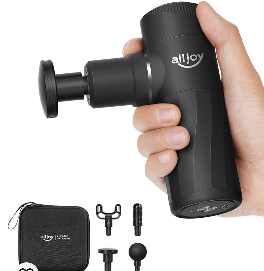 ALLJOY Mini Massage Gun Deep Tissue, Powerful Percussion Muscle Massager Gun with 4 Attachments, 4 Speed Settings, Compact Sports Handheld Massager fo