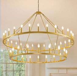 New 57” XL Gold Wagon Wheel Rustic Candle Chandelier A Show-Stopping 2 Tier 48-Lights Adjustable