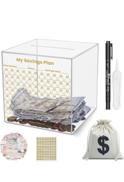 Large Acrylic Piggy Bank Set: 6-in-1 Clear Money Saving Box for Adults and Kids with Alphanumeric and Motivational Stickers, Maker, Tweezers &Coin Pou