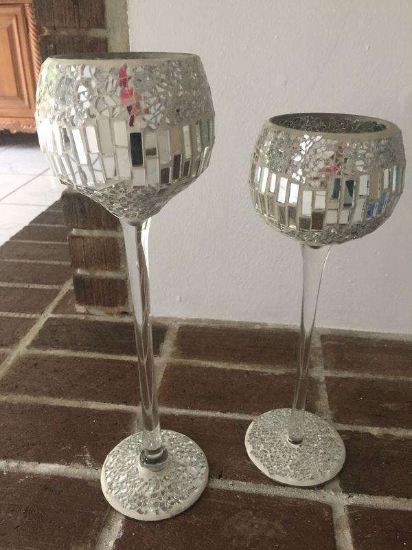 Sparkling silver mosaic glass Tall Candle Holders - set of two - Beautiful silver candle holders
