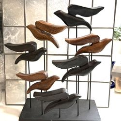 Amazing Danish Modern Stylized Flock Wood Bird Sculpture -see description   Seven birds ( used to have eight birds)   Stands about 12 inches tall by 1