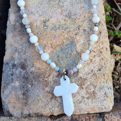 Semi Precious Stone Necklace and Choker With White Jade Cross Pendant 