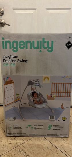 Ingenuity InLighten Foldable Lightweight Baby Swing with Lights, Lion, Gray