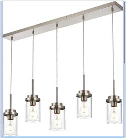 MELUCEE 5 Lights Kitchen Island Lighting Linear Chandeliers for Dining Room Modern Industrial Brushed Nickel Pendant Light Fixtures Ceiling Hanging wi