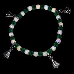 Festive Green and White Beaded Bracelet with Christmas Tree Charms