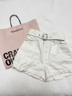 Mango Paper bag White Off White Shorts Belt High Waisted 
