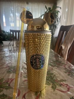 STARBUCKS Gold Mickey Mouse Ears Studded Plastic Tumbler