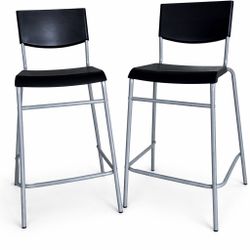 2 Modern Bar Stools / Counter Chairs – Black & Silver – Solid Condition