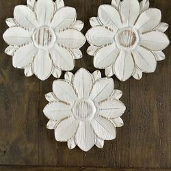 🖤Rustic Farmhouse Flower Wall Decor  Wood  White Wall Art Set Of 3