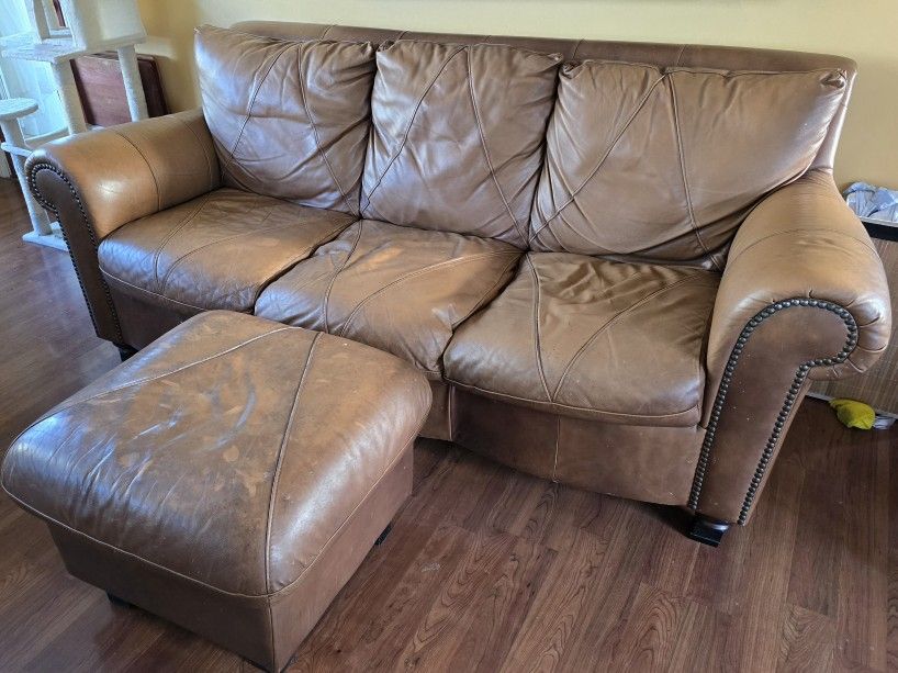 Brown Leather Sofa, Chair And Ottoman Set