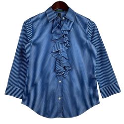 Lauren Ralph Lauren Blouse Shirt Cyan Blue & White Stripes -XS-