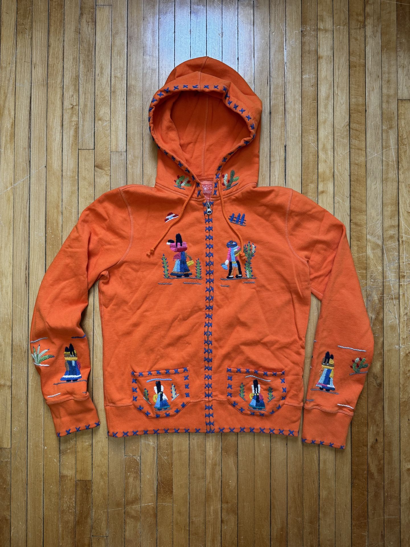NWT VTG Y2K Lucky Brand Hoodie Sweatshirt Mexican Embroidered Dungarees Sz. XL