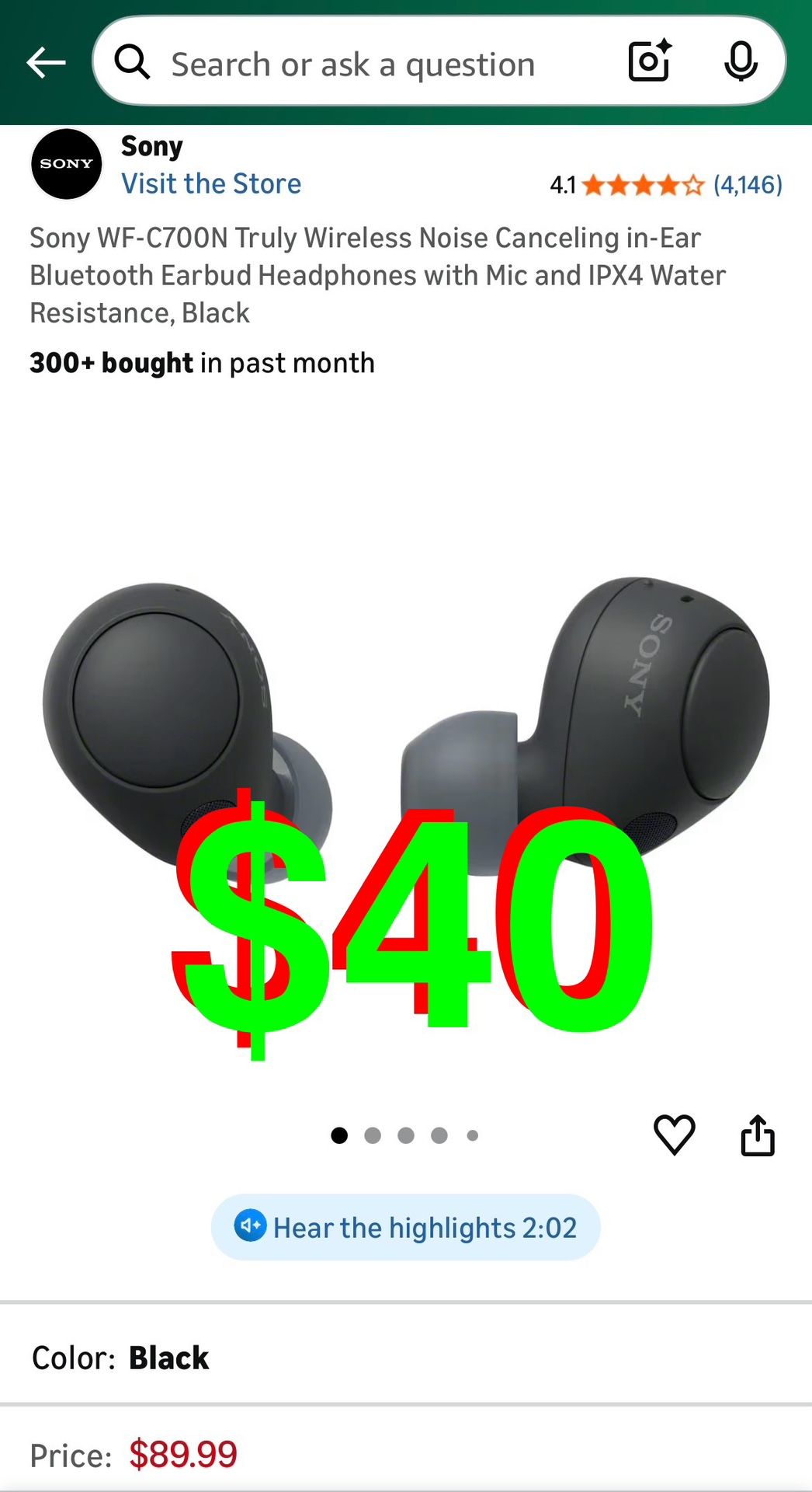 Sony WF-C700N Truly Wireless Noise Canceling in-Ear Bluetooth Earbud Headphones with Mic and IPX4 Water Resistance, Black