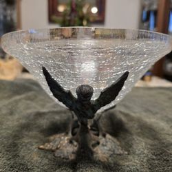 Brass Angel Cherub Base W/Crackle Glass Bowl